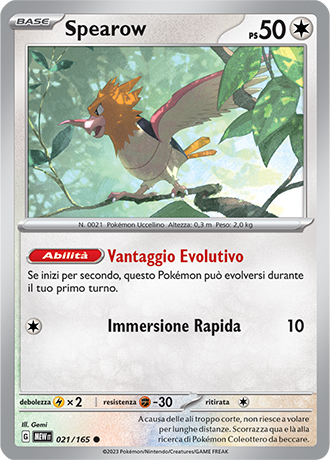 Spearow 021/165 Reverse Holo - ITA - Near Mint - Scarlatto e Violetto - 151 - Carta Pokemon