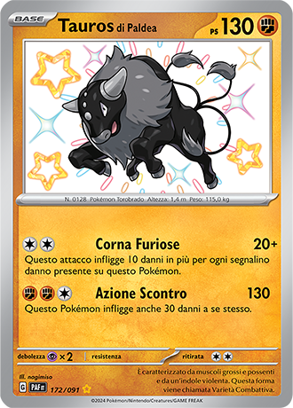 Tauros di Paldea Shiny 172/091 - ITA - Near Mint - Scarlatto e Violetto - Destino di Paldea - Carta Pokemon