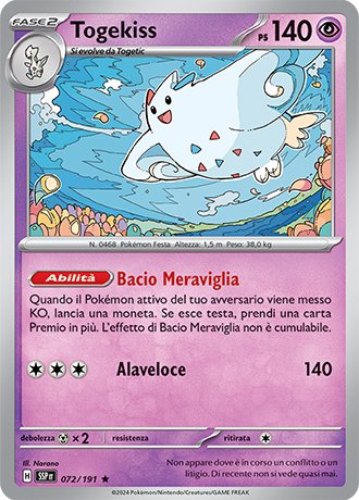 Togekiss 072/191 Holo - ITA - Near Mint - Scarlatto e Violetto - Scintille Folgoranti - Carta Pokemon