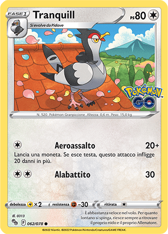 Tranquill 062/078 - ITA - Near Mint - Spada e Scudo - Pokemon GO - Carta Pokemon