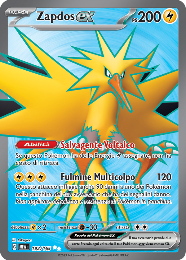 Zapdos EX 192/165 Full Art - ITA - Near Mint - Scarlatto e Violetto - 151 - Carta Pokemon